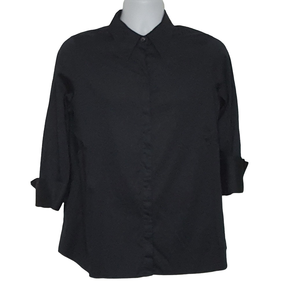 Soft Surroundings Womens Blouse PL Black Button Front Roll Cuff Long Sleeve